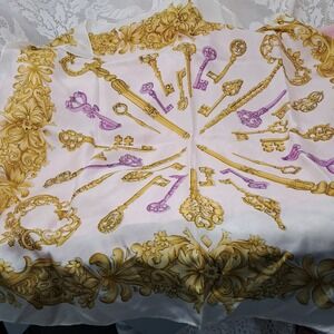 Vintage Key Print Scarf Gold Purple White Square 29" Needs Repair